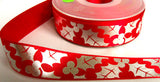 R6079 25mm Red Satin Ribbon with a Metallic Silver Holly Print - Ribbonmoon