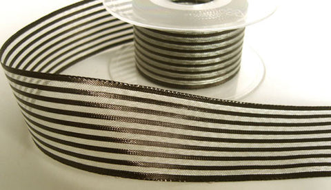 R6246 40mm Metallic Black and Silver Mesh Striped Ribbon By Berisfords