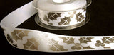 R6147 25mm White Satin Ribbon with a Metallic Silver Holly Print - Ribbonmoon