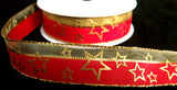 R6160 26mm Red and Metallic Mesh Ribbon with a Gold Star Print. Wire Edge - Ribbonmoon