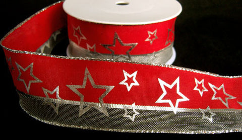 R6161C 40mm Red and Metallic Mesh Ribbon with a Silver Star Print. Wire Edge - Ribbonmoon