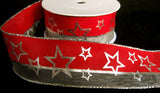 R6161 40mm Red and Metallic Mesh Ribbon with a Silver Star Print. Wire Edge - Ribbonmoon