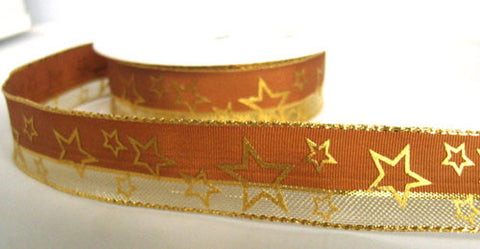 R6163 26mm Light Brown and Metallic Mesh Ribbon with a Gold Star Print. Wire Edge - Ribbonmoon