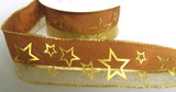 R6164 40mm Light Brown and Metallic Mesh Ribbon with a Gold Star Print. Wire Edge - Ribbonmoon