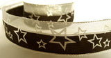 R6165 40mm Black and Metallic Mesh Ribbon with a Silver Star Print. Wire Edge - Ribbonmoon