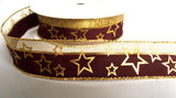 R6167 26mm Maroon and Metallic Mesh Ribbon with a Gold Star Print. Wire Edge - Ribbonmoon