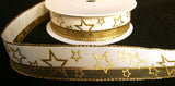 R6169 26mm White and Metallic Mesh Ribbon with a Gold Star Print. Wire Edge - Ribbonmoon