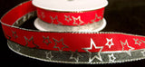 R6171 26mm Red and Metallic Mesh Ribbon with a Silver Star Print. Wire Edge - Ribbonmoon
