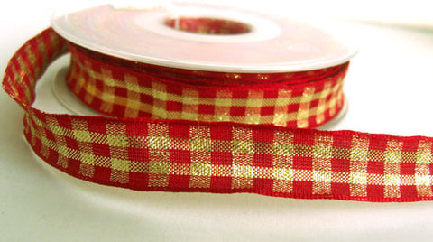 R6174 15mm Metallic Scarlet Berry and Gold Gingham Check Ribbon - Ribbonmoon