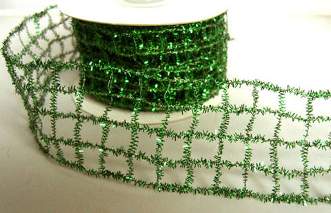 R6183 50mm Bottle Green"Tinsel Mesh" Wired Ribbon - Ribbonmoon