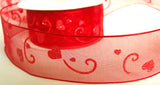 R7165 40mm Red, Pink and Silver Glittery Printed Sheer Love Heart Ribbon