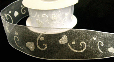 R7197 50mm White and Silver Glittery Printed Love Heart Sheer Ribbon