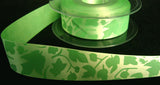 R6194 25mm Mint Green Satin Ribbon with a Tonal Leaf Design Print - Ribbonmoon