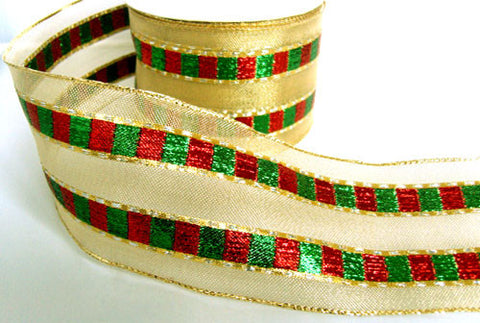R6207 66mm Metallic Gold, Red, Green and Silver Striped Mesh Ribbon - Ribbonmoon