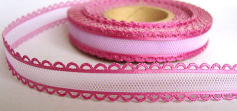 R6327 16mm Pale Pink Tulle Ribbon with Myrtle Pink  Acetate Borders - Ribbonmoon
