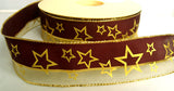R6359 40mm Maroon and Metallic Mesh Ribbon with a Gold Star Print. Wire Edge - Ribbonmoon