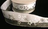 R6360 40mm White and Metallic Mesh Ribbon with a Silver Star Print. Wire Edge - Ribbonmoon