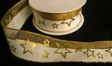 R6361 40mm Bridal White and Metallic Mesh Ribbon with a Gold Star Print. Wire Edge - Ribbonmoon