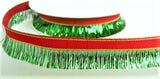 R6430 20mm Red and Gold Ribbon with a Green Tinsel Fringe Trim