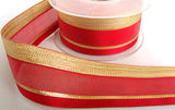 R6543 40mm Red Sheer, Grosgrain and Metallic Gold Striped Ribbon