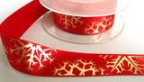 R6544 25mm Red Satin Ribbon-Gold Metallic Snowflake Print by Berisfords