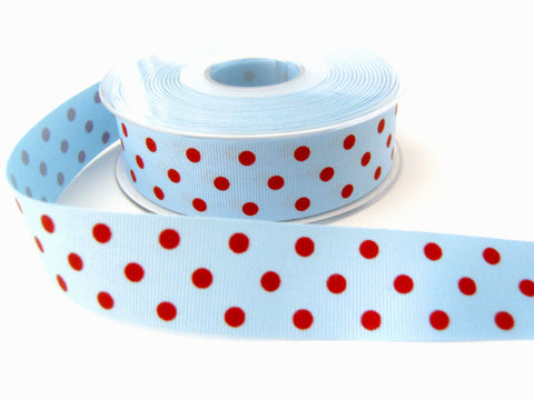 R6595 25mm Sky Blue and Scarlet Berry Polka Polyester Grosgrain Ribbon by Berisfords