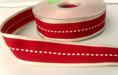 R6604 25mm Scarlet Berry and Beige Centre Gimp Stitch Ribbon