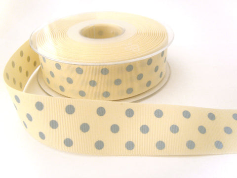 R6607 25mm Cream and Cornflower Blue Polka Polyester Grosgrain Ribbon by Berisfords