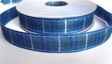 R6703 17mm Blues and Green Tartan Ribbon with Thin Metallic Silver Stripes - Ribbonmoon