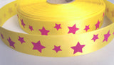 R6721 25mm Yellow Satin Ribbon with a Pink Star Print - Ribbonmoon
