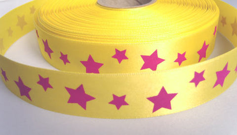 R6721 25mm Yellow Satin Ribbon with a Pink Star Print - Ribbonmoon