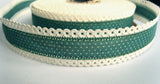 R6724 34mm Teal Cotton Polka Dot Ribbon with White Linen Lace Edges - Ribbonmoon