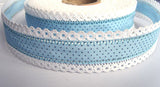 R6725 35mm Blue Cotton Polka Dot Ribbon with White Linen Lace Edges - Ribbonmoon