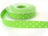 R6960 16mm Spring Green and White Polka Polyester Grosgrain Ribbon by Berisfords