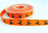 R6983 15mm Orange and Black Printed Witches Hat Design Halloween Ribbon