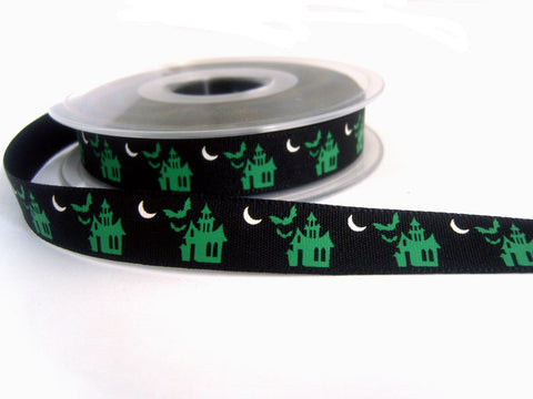 R6984 15mm Black and Green Printed Haunted House Halloween Ribbon
