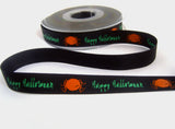 R6988 15mm Black,Orange and Green Happy Halloween Spider Print Ribbon