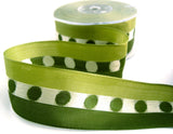 R6989 39mm Greens Woven Silk Dot Centre Ribbon, Wire Edge