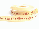 R6999 15mm Natural, Russet Rustic Taffeta Snowflake and Hearts Print Ribbon