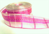 R7064 40mm Cyclamen Pink-White Sheer Check Ribbon, Banded Silk Stripes