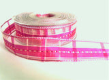R7065 25mm Cyclamen Pink, Pearl Sheer Check Ribbon,Banded Silk Stripes