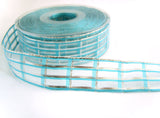 R7067 25mm Turquoise and Metallic Silver Sheer Check Ribbon