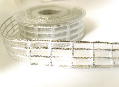 R7074 25mm White-Metallic Silver Check-Sheer Ribbon by Berisfords