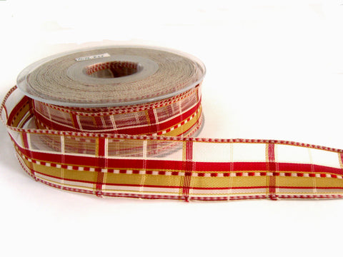 R7076 25mm Sheer Tartan Check Ribbon with Silk Banded Stripe and Borders