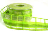R7079 25mm Green Sheer Check Ribbon with Woven Banded Silk Stripes