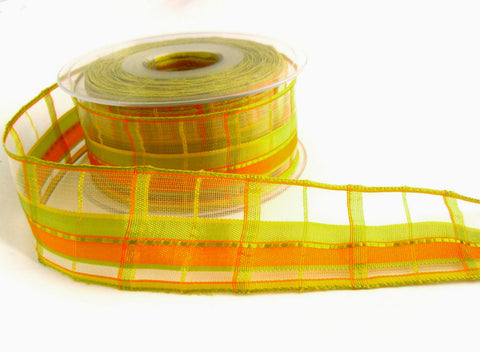 R7080 40mm Yellows and Green Sheer Check Ribbon,Banded Silk Stripes