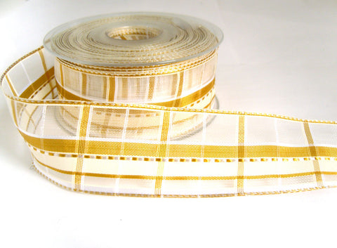 R7082 40mm Old Gold, Cream and White Sheer Check Ribbon,Banded Silk Stripes