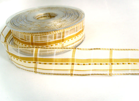 R7084 25mm Old Gold, Cream and White Sheer Check Ribbon,Banded Silk Stripes
