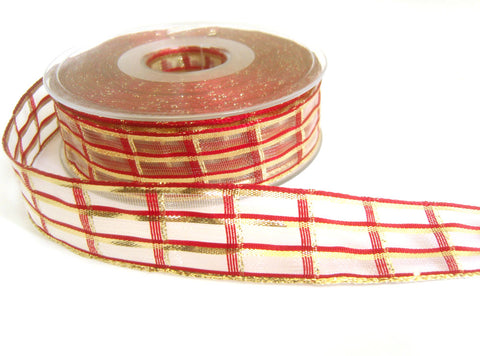 R7086 25mm Scarlet Berry and Metallic Gold Sheer Check Ribbon