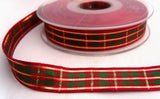 R7113 15mm Scarlet Berry and Green Tartan Ribbon with Metallic Gold Stripes - Ribbonmoon